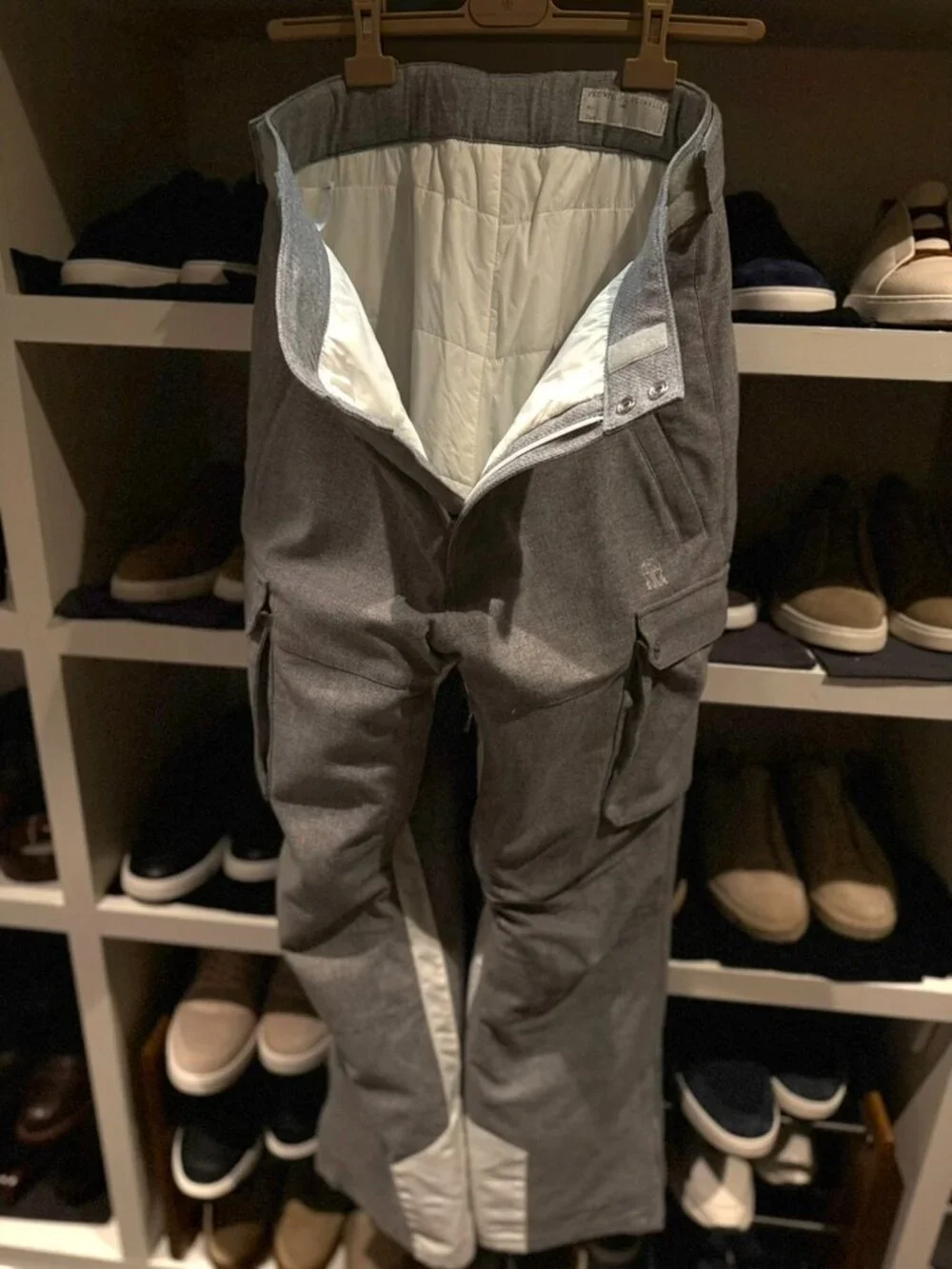 Brunello Cucinelli men's ski trousers in grey and white wool/cashmere/silk, size